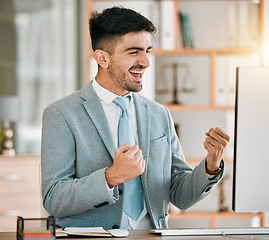 Image showing Business, success and man with celebration, fist and financial growth with stock market deal, profit and victory. Computer, broker and investor with happiness, investment and winning with opportunity