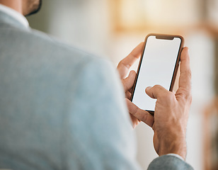 Image showing Closeup, mockup and man with a smartphone, business and typing with email, contact and social media. Screen, person and professional with a cellphone, mobile app and connection with network and hands