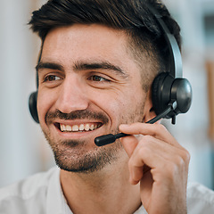 Image showing Telemarketing, face and communication of man, agent or call center for customer service, lead generation or CRM. Happy salesman, consultant or microphone of telecom contact, advisory or FAQ questions