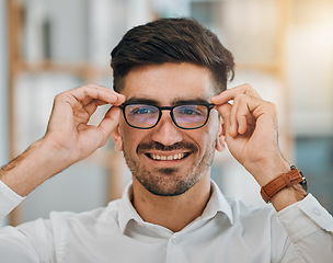 Image showing Portrait, business and man with glasses, smile and clear vision with confidence, career goals and happiness. Face, male person and professional with eyewear, spectacles and looking with sight and see