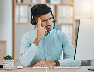 Image showing Stress, call center or man angry at computer, telemarketing agency and fail with headache, frustrated error or 404 glitch. Confused salesman at pc with challenge, client account problem or CRM crisis