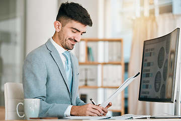 Image showing Writing, planning and business man on computer screen, documents and marketing schedule, infographics or data. Notes, online website and professional person with paperwork for social media management