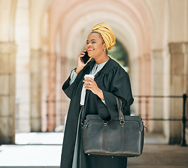 Image showing Black woman with coffee, phone call and attorney outside court with smile, consulting on legal advice and walking to work. Cellphone, law firm judge or lawyer networking, talking and chat in city.