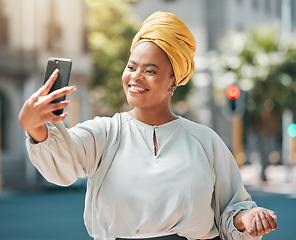 Image showing City, business and black woman with a smile, selfie and confident with happiness, memory and profile picture. Female person, professional or happy entrepreneur with joy, outdoor and social media post