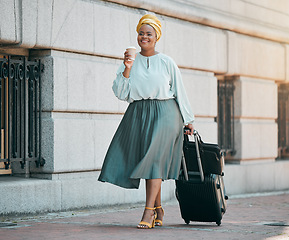 Image showing City, business and black woman with a suitcase, travel and happiness with coffee, international career and opportunity. Female person, ceo and entrepreneur with tea, luggage and walking with success