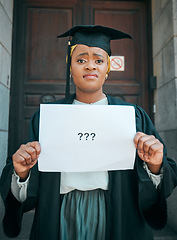 Image showing Graduation, confused and poster with portrait of black woman for doubt, question mark and decision. College, study and education with female student and paper sign for university, emoji and academy