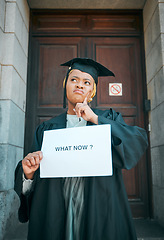 Image showing Black woman, what now sign and college student thinking of education choice, decision or graduate unemployment. Poster, brainstorming and learning African person doubt over university career prospect