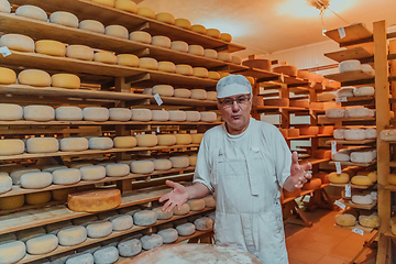 Image showing A worker at a cheese factory sorting freshly processed cheese on drying shelves