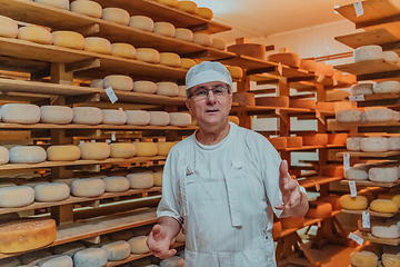 Image showing A worker at a cheese factory sorting freshly processed cheese on drying shelves