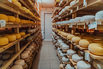 Image showing A large storehouse of manufactured cheese standing on the shelves ready to be transported to markets