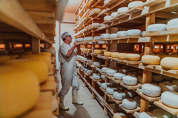 Image showing A worker at a cheese factory sorting freshly processed cheese on drying shelves