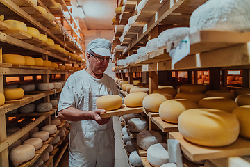 Image showing A worker at a cheese factory sorting freshly processed cheese on drying shelves