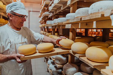 Image showing A worker at a cheese factory sorting freshly processed cheese on drying shelves