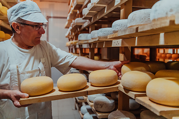 Image showing A worker at a cheese factory sorting freshly processed cheese on drying shelves