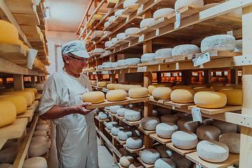 Image showing A worker at a cheese factory sorting freshly processed cheese on drying shelves