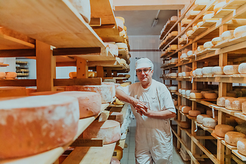 Image showing A worker at a cheese factory sorting freshly processed cheese on drying shelves