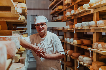 Image showing A worker at a cheese factory sorting freshly processed cheese on drying shelves