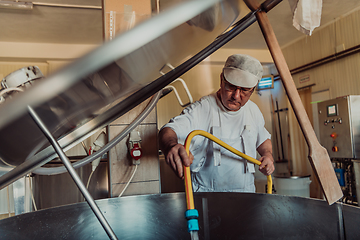 Image showing A cheese makser working in the industry on various machines with the help of which cheese is processed. Small business concept