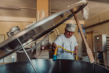 Image showing A cheese makser working in the industry on various machines with the help of which cheese is processed. Small business concept