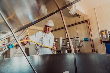 Image showing A cheese makser working in the industry on various machines with the help of which cheese is processed. Small business concept