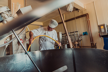 Image showing A cheese makser working in the industry on various machines with the help of which cheese is processed. Small business concept