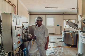 Image showing A cheese makser working in the industry on various machines with the help of which cheese is processed. Small business concept