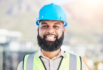 Image showing Happy black man, portrait and architect in city for professional construction or career ambition on site. Face of African male person, engineer or contractor smile for industrial architecture on roof