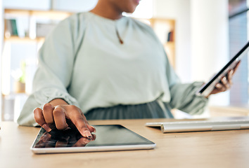 Image showing Hand, digital tablet and business woman in office for creative, research and planning closeup. Screen, finger and female designer online for idea, social media or email marketing, project or plan