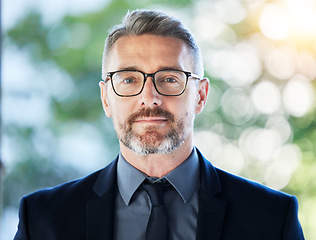 Image showing Face, mature ceo and man outdoor for business, entrepreneurship and corporate professional on bokeh background mockup space. Portrait, serious and manager, accountant or executive with glasses