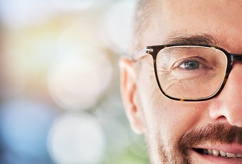 Image showing Half face, portrait and man with glasses for vision, eye care or optical wellness with mockup space. Prescription spectacles, smile and mature male model from Canada with a mock up bokeh background.
