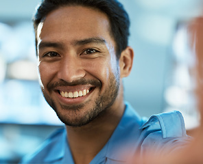 Image showing Selfie, security and man with smile in profile in control room at agency with closeup or asian. Safety, professional and happy at data centre for crime as manager with positive mindset at workplace.