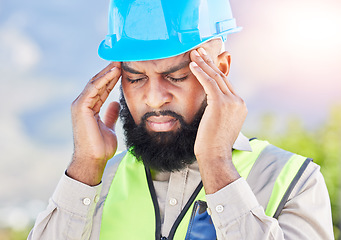 Image showing Black man, architect and headache in city from stress, anxiety or mental health burnout. Frustrated and tired African male person with head pressure or fatigue during construction on outdoor site