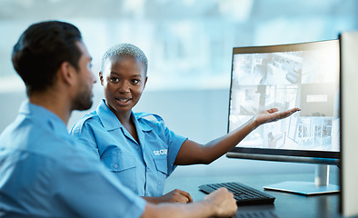 Image showing People, security and computer screen for surveillance, protection and safety of police officer in teamwork. Man and woman guard working together on PC for emergency footage or crime at the office