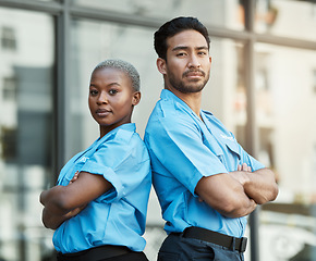 Image showing People, portrait and security guard team with arms crossed in city for career safety or outdoor protection. Serious man and woman police officer in confidence, law enforcement or patrol in urban town