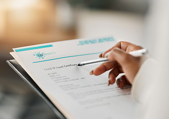 Image showing Lab results, hand and travel certificate with covid testing with data and paperwork in hospital. Doctor, writing and biotech information with worker holding vaccine documentation and medical paper