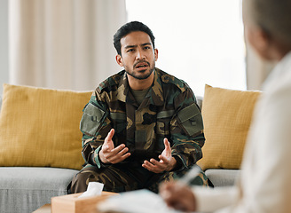 Image showing Veteran, talking and therapist for military support in therapy, consultation and listen to mental health, trauma or war conflict. Sad, memory or conversation with psychologist for healing or help