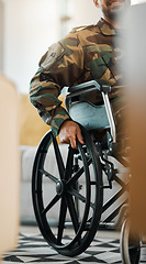 Image showing Military, city and a man from the army in a wheelchair, war injury or rehabilitation. Hands, support and a person, soldier or hero with a disability as a veteran in mobility recovery in the street