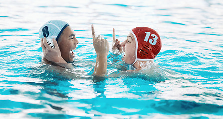 Image showing Sports, winner and water polo with men in swimming pool for celebration, teamwork and fitness. Workout, health and goal with people training in championship for motivation, success and challenge