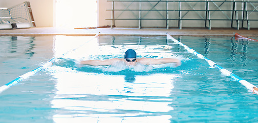 Image showing Swimming, sports and man in pool at gym for training, competition and exercise in water. Professional swimmer, fitness and male person practice for challenge, workout and performance for wellness