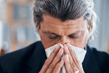 Image showing Sick business man, face and blowing nose in office for cold, allergies and medical virus. Mature male worker sneezing for health problem, allergy risk and tissue for disease, sinusitis and influenza