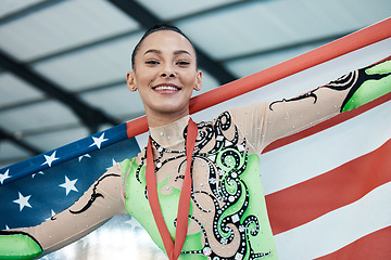 Image showing Medal, winner and portrait of usa champion or woman with success in competition, gymnastics achievement or pride with American flag. Winning, athlete and celebration on podium in stadium or arena