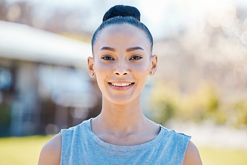 Image showing Fitness, portrait and happy woman at a park for running, workout or morning cardio routine. Face, smile and female runner outdoor for health, exercise and sports run, wellness and athletic training