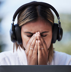 Image showing Call center, stress and female customer service consultant working on an online consultation. Burnout, migraine and professional woman telemarketing agent with a headset for crm crisis in the office.