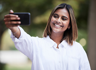 Image showing Selfie, smile and student with woman in park for social media, relax and happy. College campus, influencer and happiness with female person in nature for profile picture, blog and gen z post