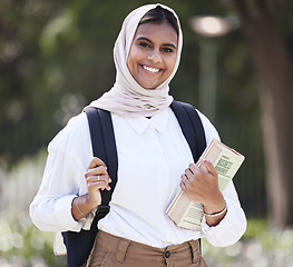 Image showing Student, happy and book with portrait of muslim woman on campus for college, studying and education. University, learning and future with female person in outdoor for academy, back to school or class