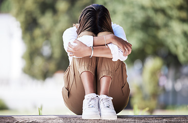 Image showing Sad, depression and student with woman in park for cry, frustrated and stress. Mental health, anxiety and fear with female person in nature for psychology, tired and fatigue with mockup space