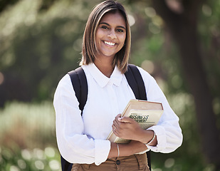 Image showing Student, smile and study with portrait of woman on campus for college, books and education. University, learning and future with person with backpack in outdoor for academy, school and class space