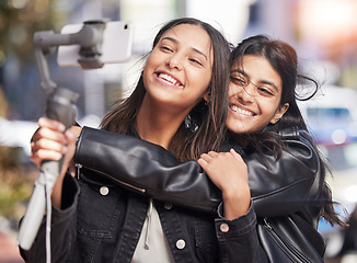 Image showing Smile, selfie and hug with friends in city for social media, happy and support. Happiness, profile picture and live streaming with female influencer in outdoor for internet, post and youth together