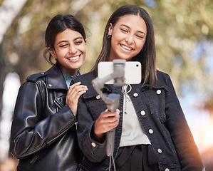 Image showing Happy, selfie and hug with friends in city for social media, smile and support. Happiness, profile picture and live streaming with female influencer in outdoor for internet, post and youth together