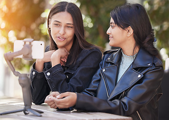 Image showing Smile, selfie and live streaming with friends in city for social media, happy and support. Happiness, profile picture and conversation with women in outdoor for internet, post and youth together